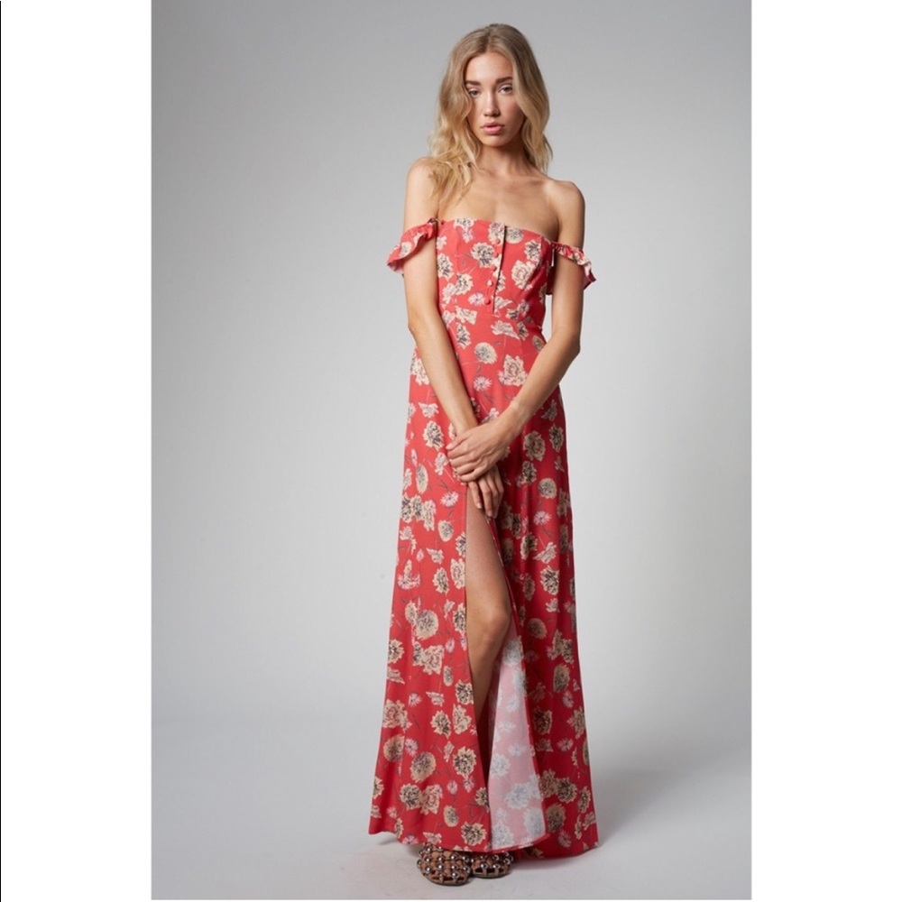 Flynn Skye Coral Floral Off-Shoulder Maxi Dress with Front Slit